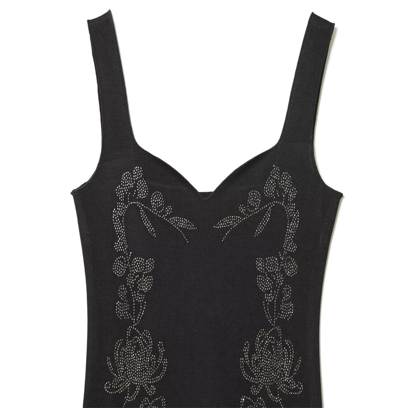 Elegant Black Sleeveless Midi Dress with Floral Rhinestone Embroidery for Evening Party