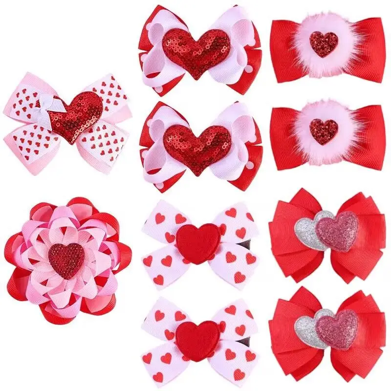 30pc/lot 3inch Heart Kiss Print Bow Hair Clips Chidlren Grosgrain Ribbon Bow Hairpins Girls Barrettes Valentine's Day Headwear