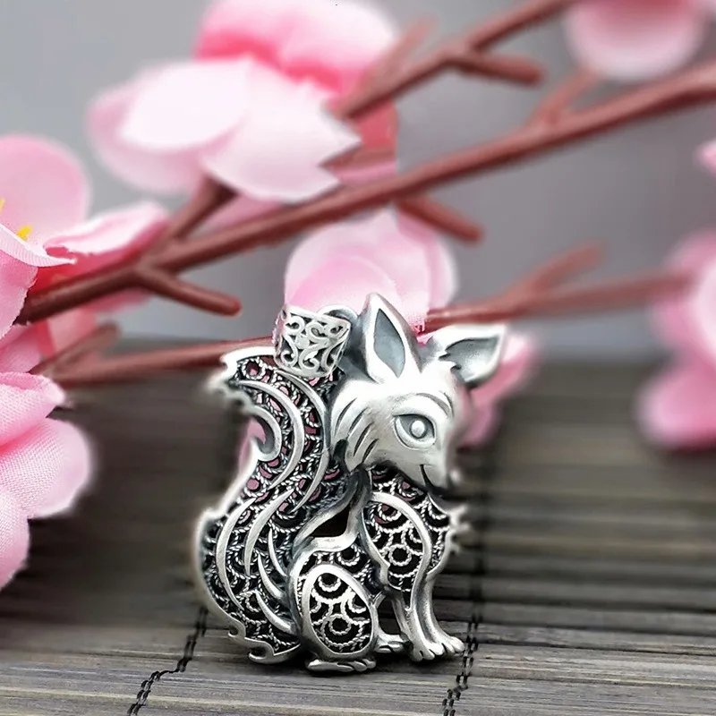 925 Silver Archaic Rhyme fox Pendant Vintage Fashion Hollow Out Peach Blossom Style Necklace for Women Charm Banquet Jewelry