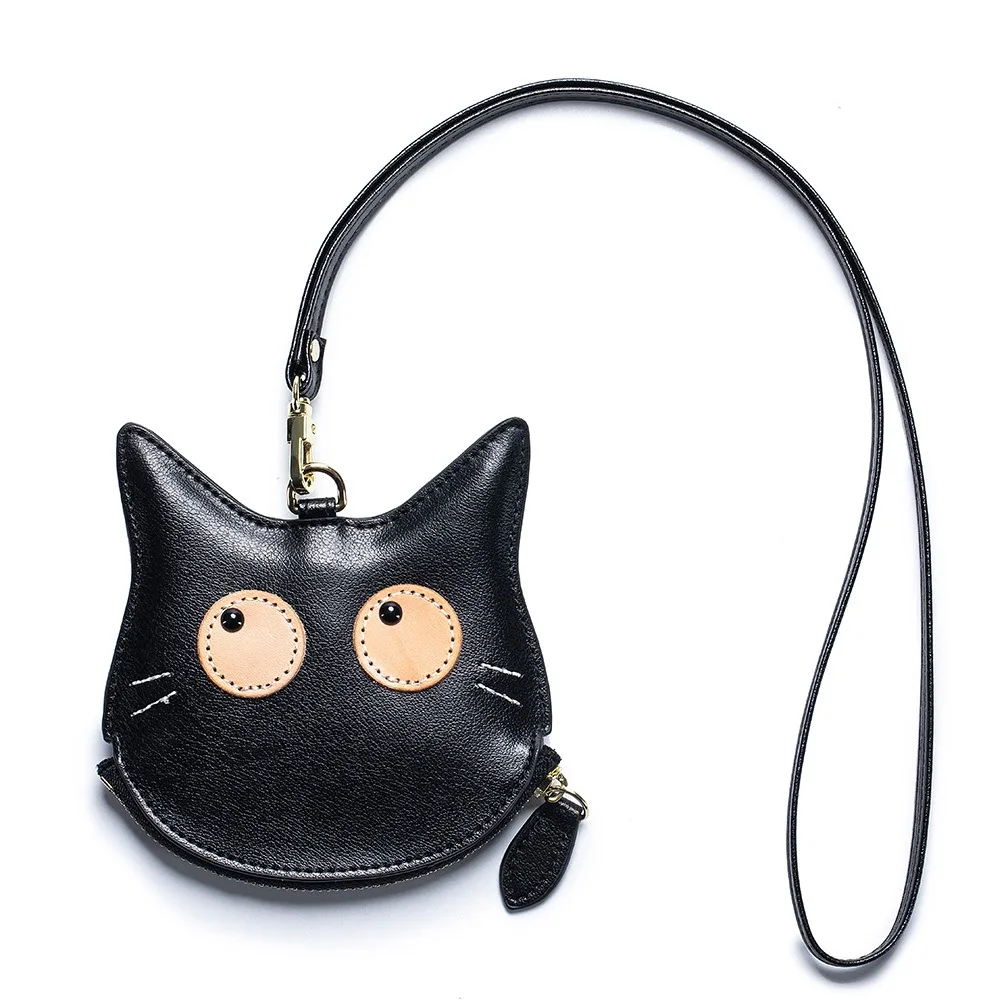 Genuine Leather Neck Purse Bag Cowhide Student Small Cute Cat Coin Wallet Card Holder Key Lipstick Earphone Storage Pouch Women