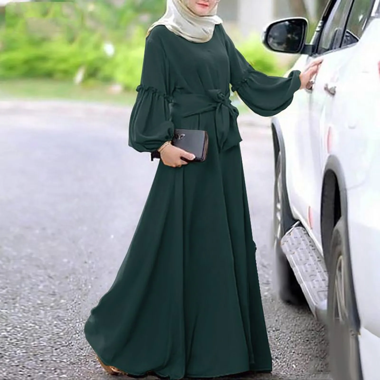 Women\'s Muslim Solid Color Long Sleeved Round Neck Ruffle Dresses Prayer Clothes Ramadan Abayas For Women Dubai Modest Robe