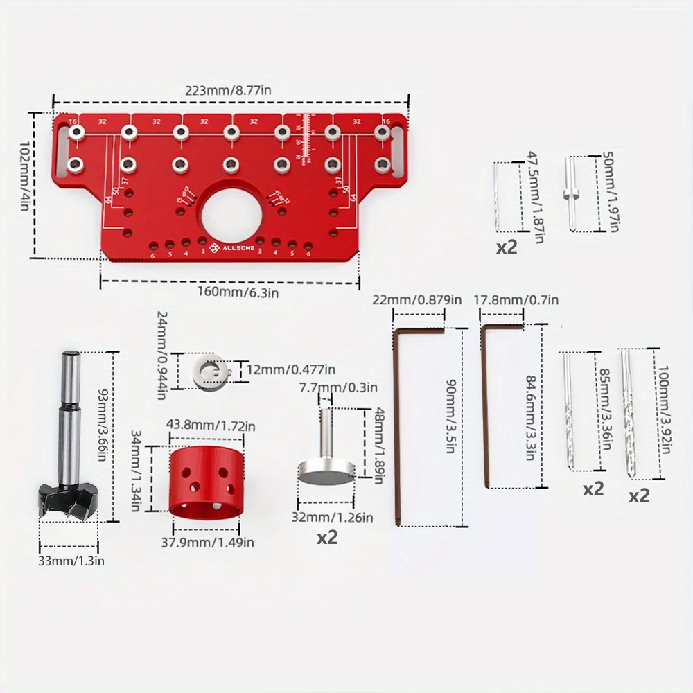 Allsome Półka Ukryty przyrząd do zawiasów, przyrząd do wiercenia półek ze stopu aluminium z wiertłami do otworów 35 mm, przyrząd do okuć do szafek — zdjęcie 4