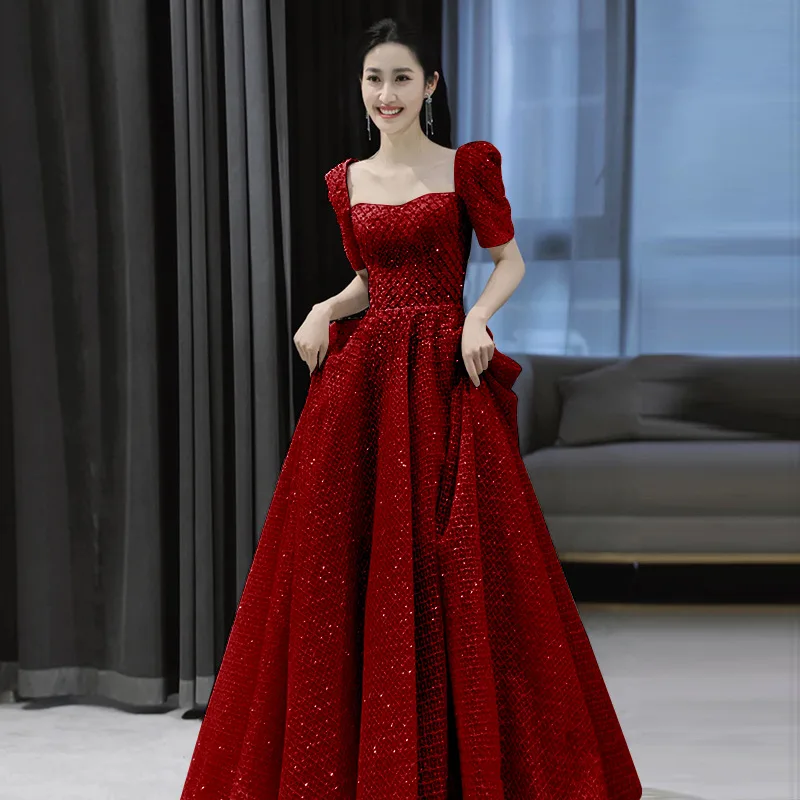 Retro French Square Collar Evening Party Dress Burgundy Sequin Wedding Dress Qipao Elegant Trailing Robe De Soiree Prom Dress