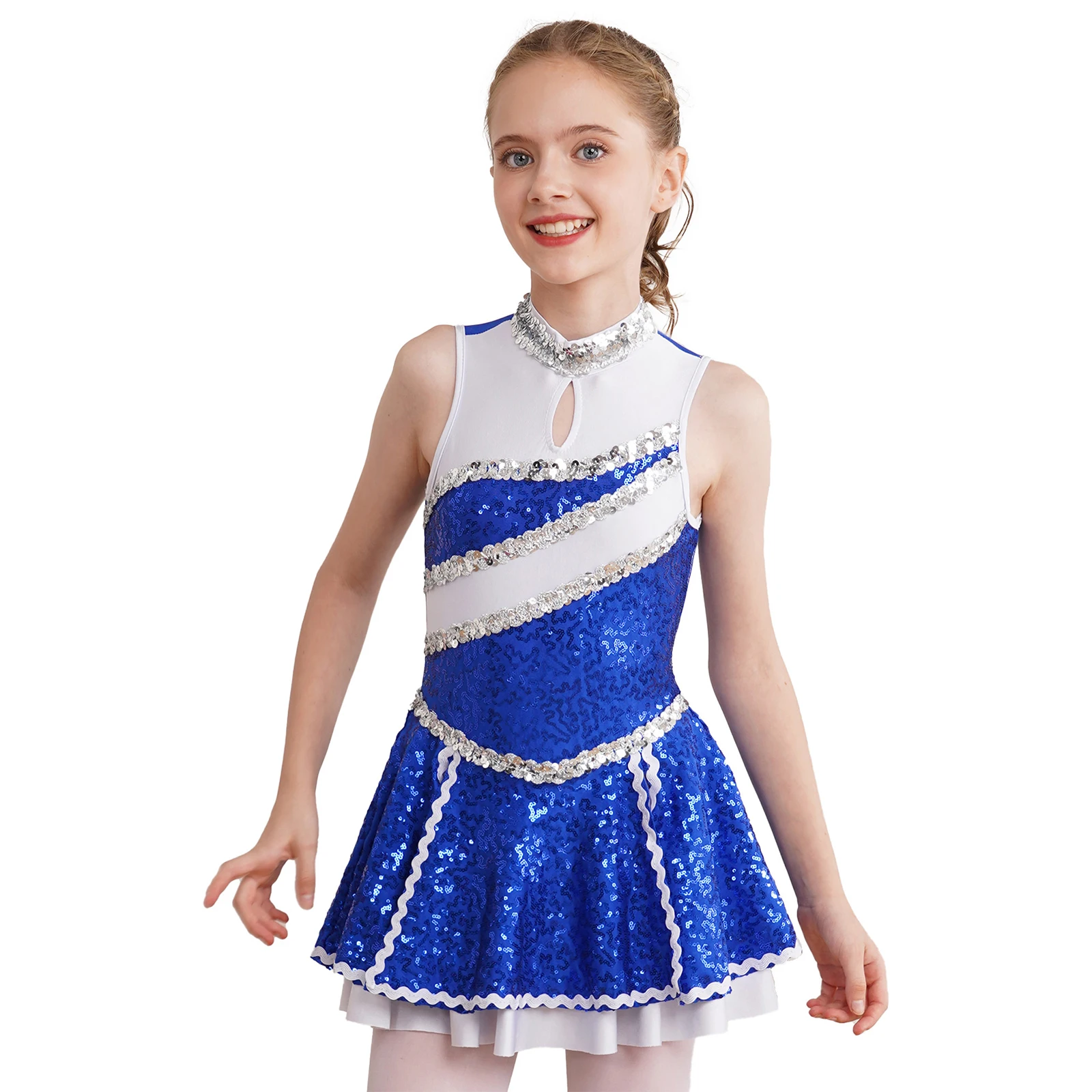 Kids Girls Cheer-Leading Costume Sleeveless Round Neck Shiny Sequins Decorated Color Patchwork Multi-layer Pleated Dress