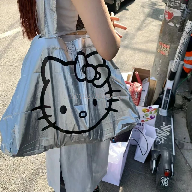 Y2K Sacola Hello Kitty para mulheres, grande capacidade, bolsa de viagem, couro macio, lavagem de maquiagem portátil, sacos de armazenamento