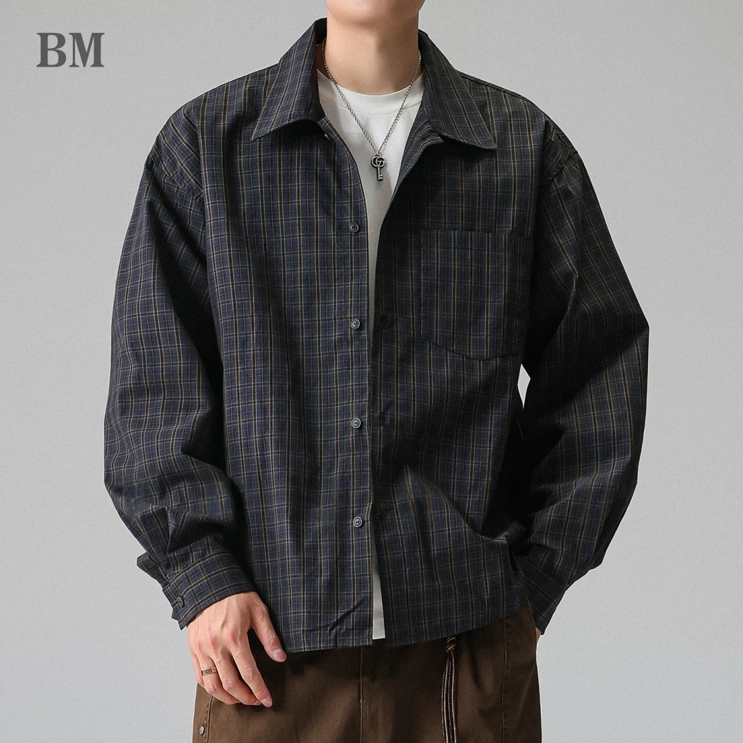 Japanese Vintage Plaid Long Sleeve Shirt Mens Loose Fit Spring Fall Trendy Casual Outerwear Korean Fashion Premium Cotton Coat