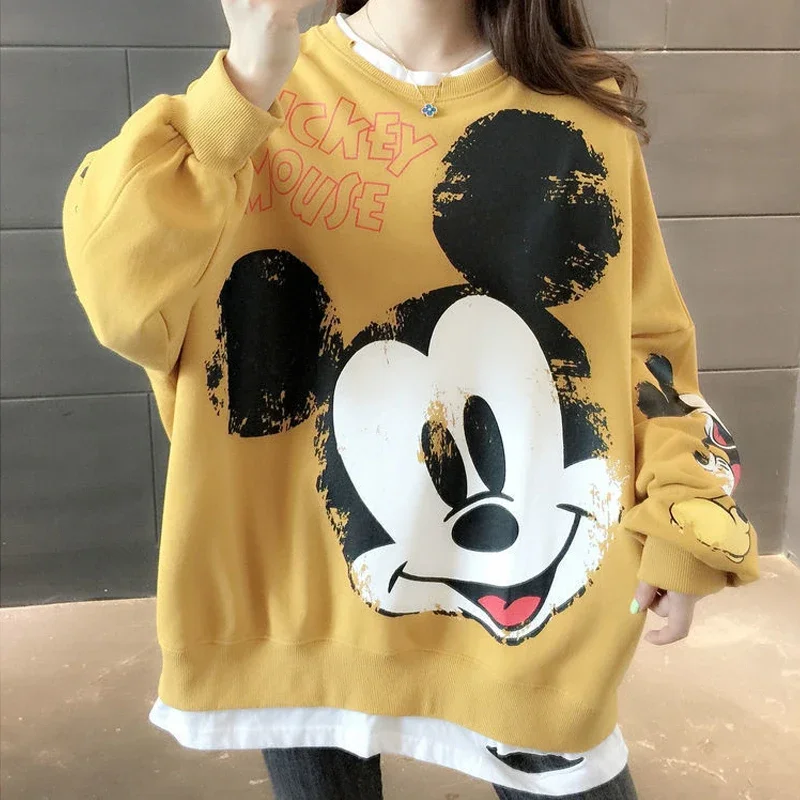 Disney Mickey Mouse Fashion Sweater Cartoon Women Streetwear Hole Loose O-neck Versatile Sweater For Ladies Long Sleeve Pullover