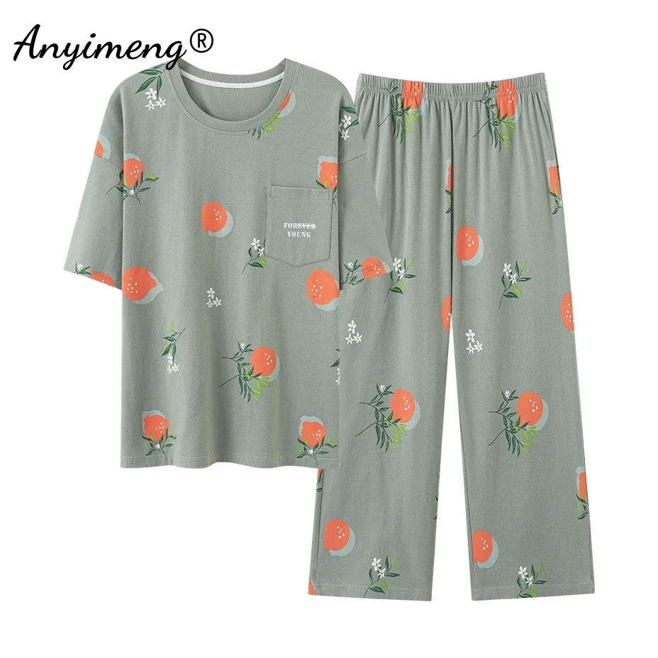 

Summer Women Sleepwear Knitted Cotton Woman Pajama Casual Calf-Length Pants Pijamas Set Female Elegant Short Sleeves Loungewear