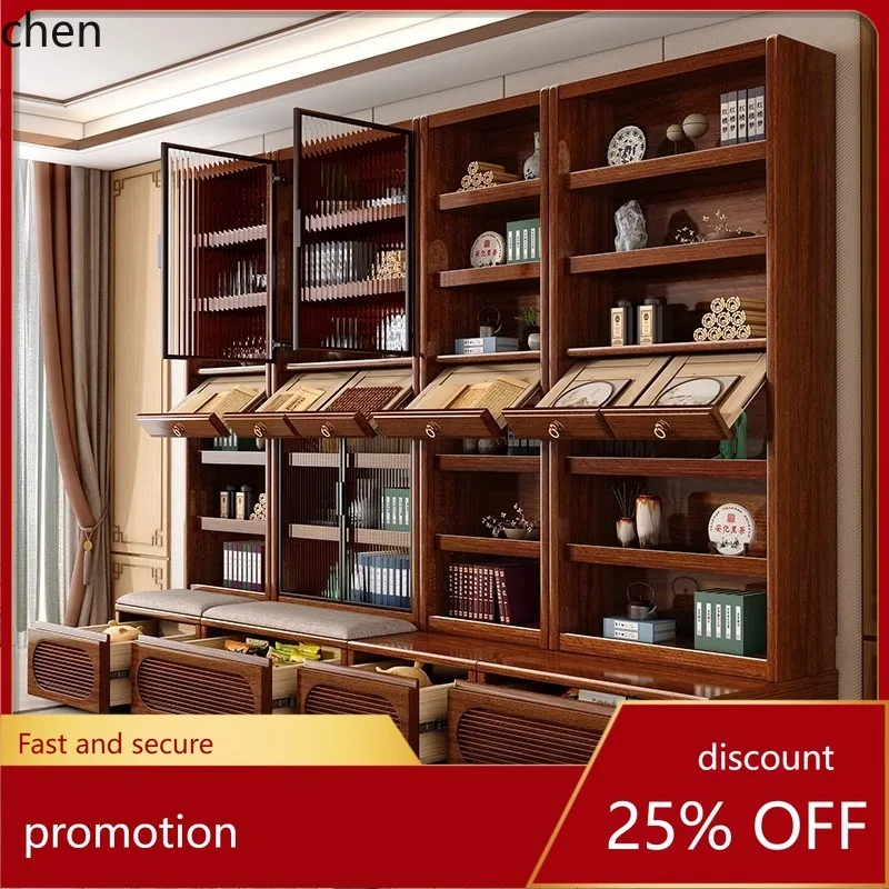 HT  Bookcase with Glass Doors, Freestanding Combination Bookshelf, Multi-Functional Wall-Mounted Cabinet, Display Cabinet