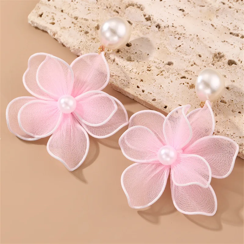 Fashion Sweet Korean Double-layer Mesh Flower Pearl Drop Earrings Cloth Yarn Floral Pendant Stud Earring Women's Eardrop Jewelry