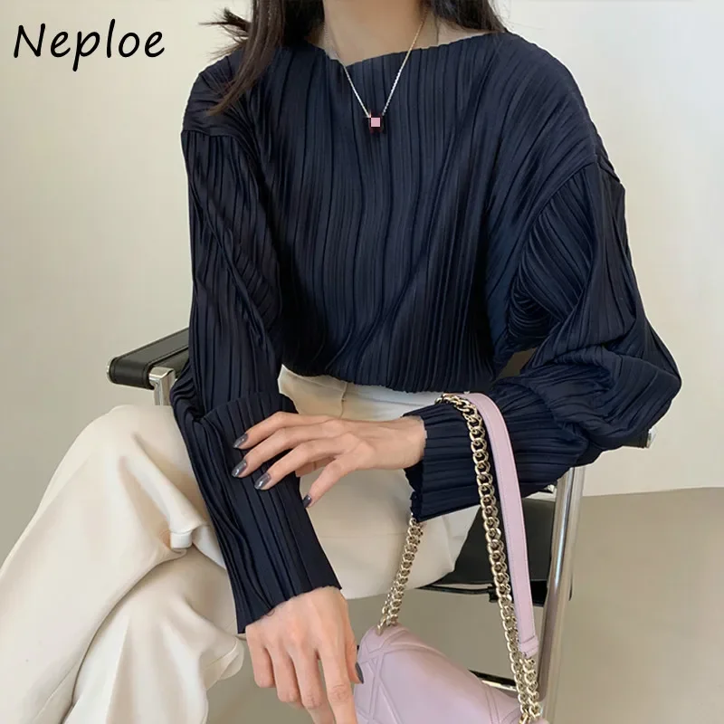 Neploe Korean Autumn Simple O-neck Pullover Shirts Solid Color Chic Pleated Women Blouse All-match Long Sleeve Femme Blusas