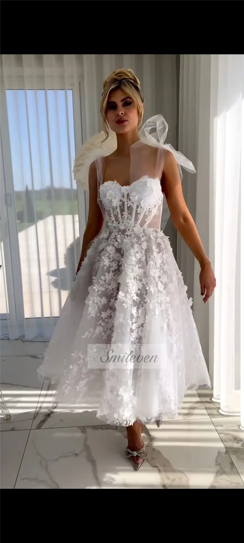 Smileven Spaghetti Strap Lace Wedding Dresses Sweetheart Neck 3D Bride Dress Vestido de novia Tea Length Wedding Gown Customized