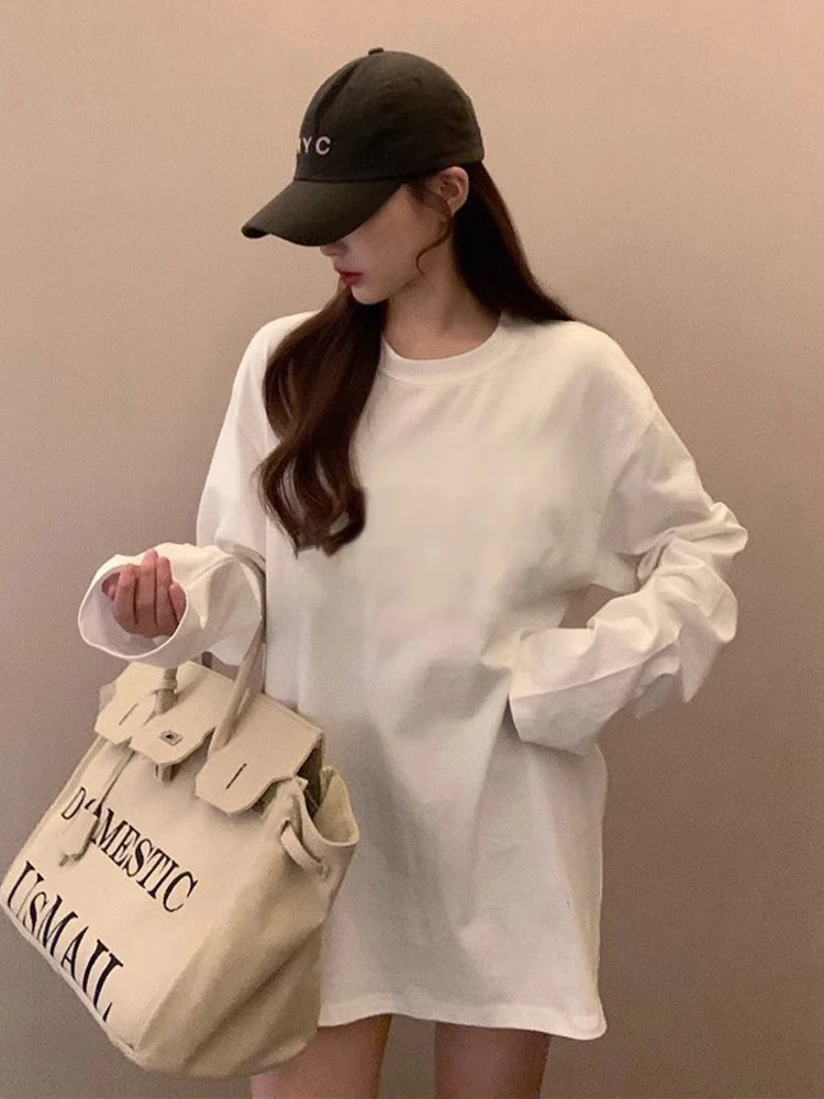 T-shirt bianca lunga ampia Sve Strato base in puro cotone irt Autunno Inverno Donna Faion Casual Stampa rotonda Ne Top