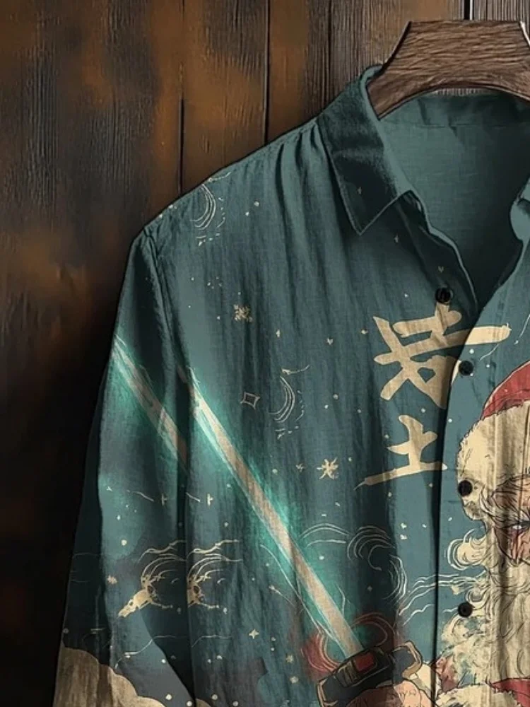 Men's Santa Claus Holding A Lightsaber Print Long Sleeve Shirt Vintage Lapel Collar Buttons Holiday Christmas Day Tops Tunics