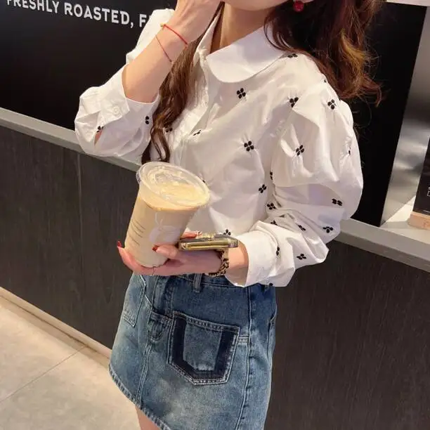 2024 New Spring Summer Women Blouses French Peter Pan Collor Printed Shirt Casual Tops Elegant White Work Wear Chiffon Shirts