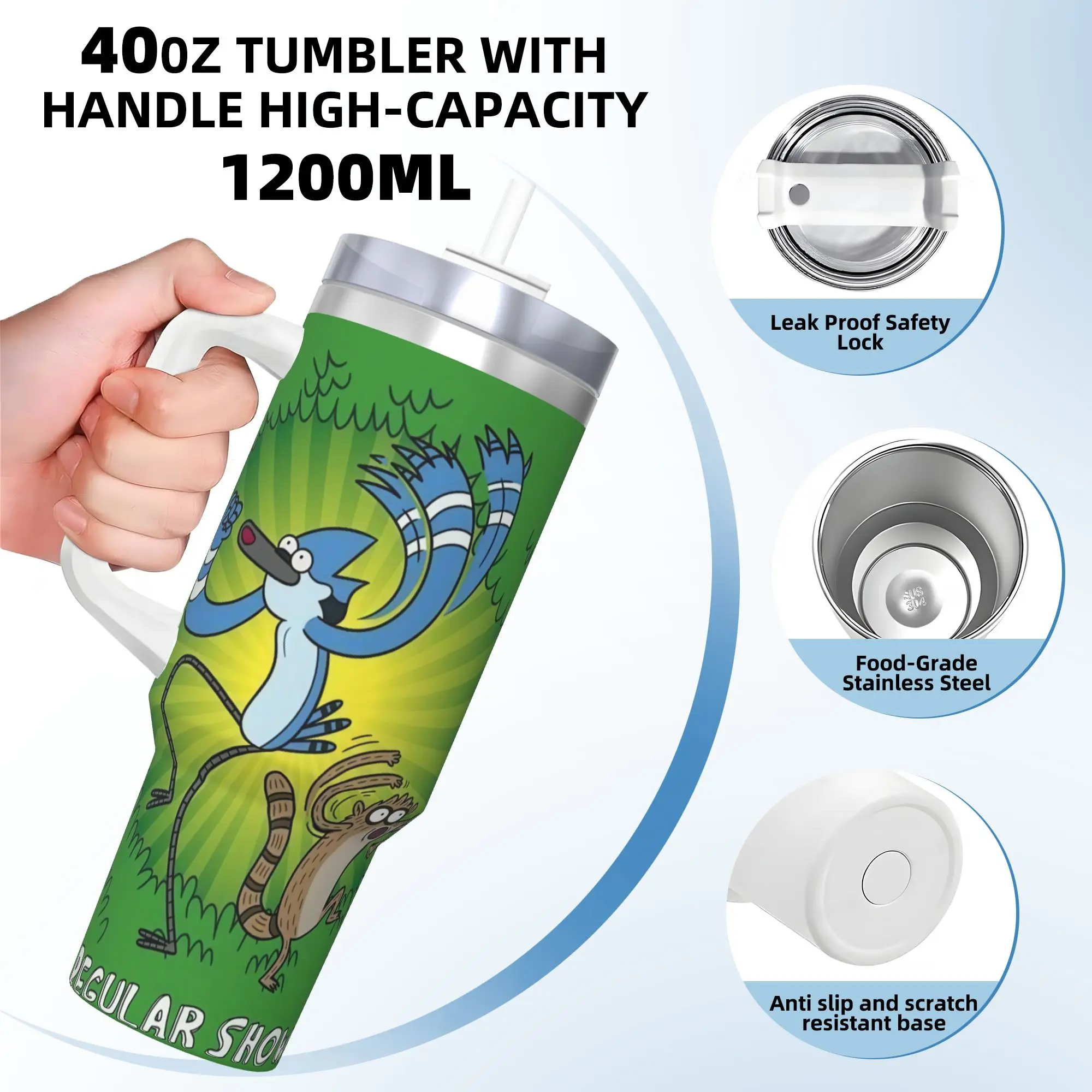 Stainless Steel Tumbler Mordecai And Rigby Regular Show Car Mugs With Straws Cold Drink Water Bottle Portable 40oz Thermal Cups