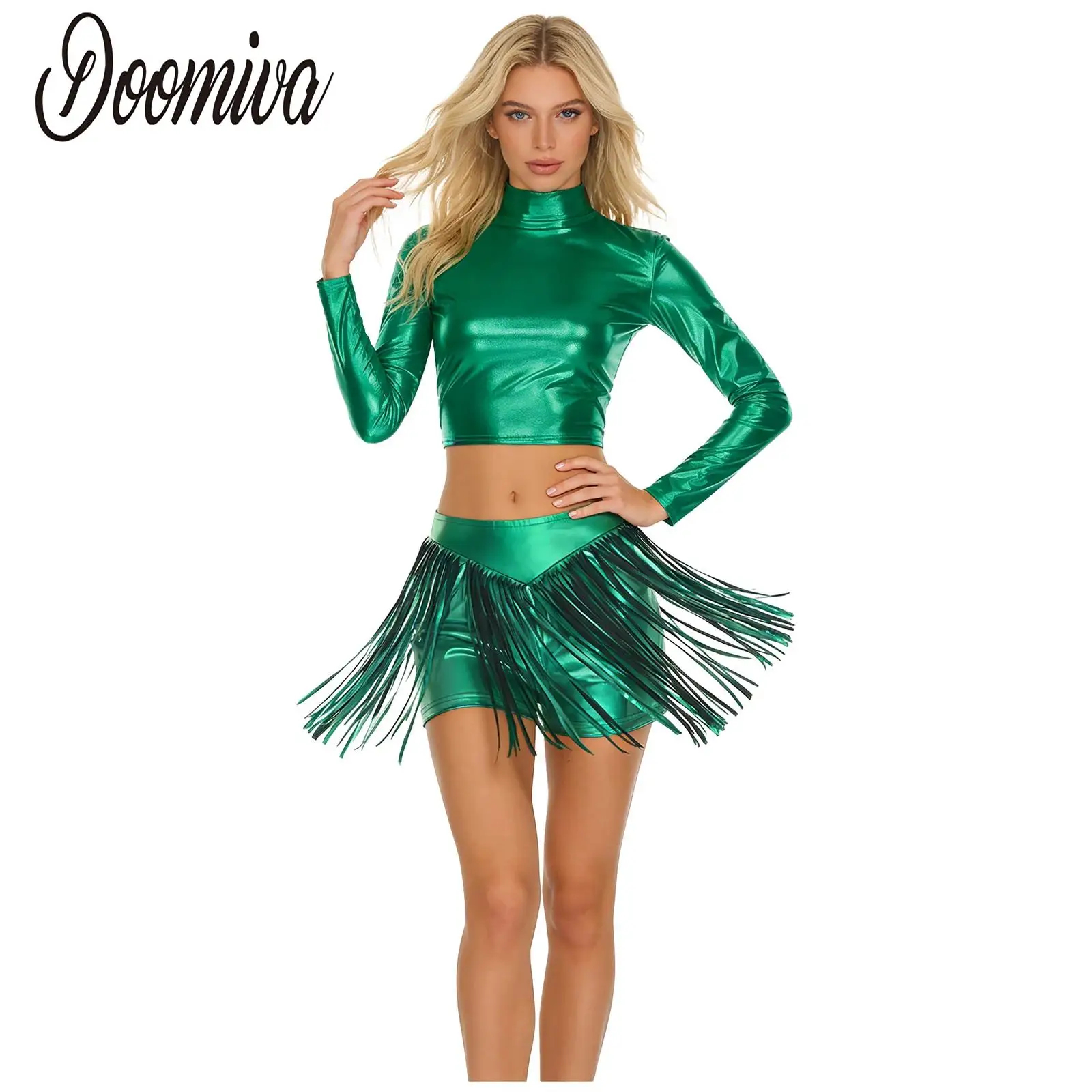 

Women Metallic Shiny Jazz Dance Latin Salsa Costume Sets Long Sleeve Crop Top and Fringed Briefs Skirts for Stage Rock Clubwear
