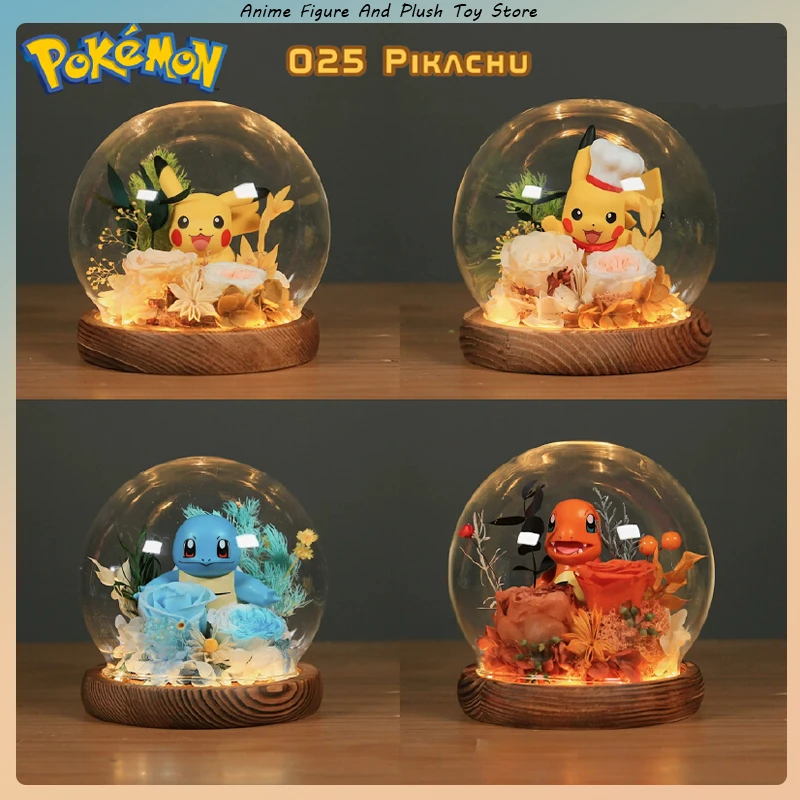 Pokemon Cute Pikachu Eternal Flower Glass Cover Rose Ornament Anime Character Surrounding Model Christmas Gift for Girlfriend