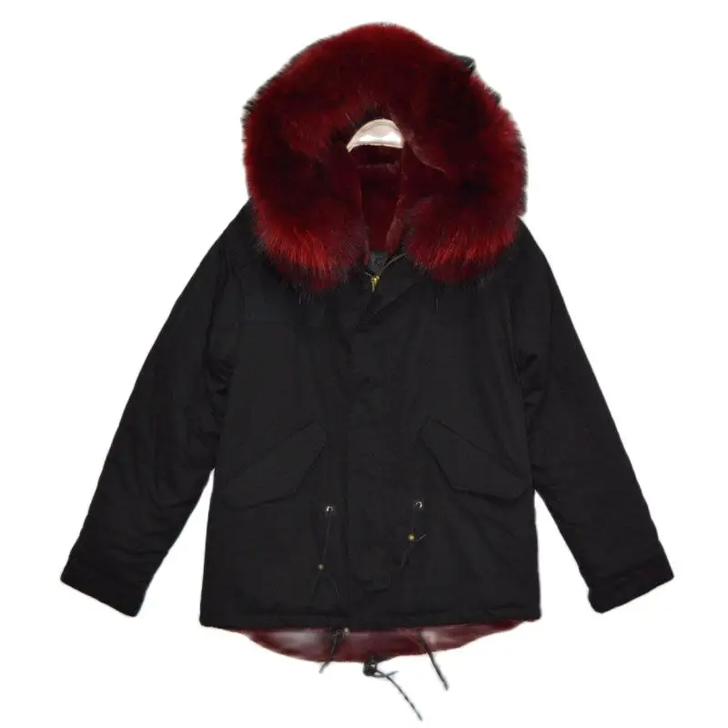 

Winter Attractive Advanced Burgundy Faux Fur Lined Parka Black Short Style Coat For Women And Men