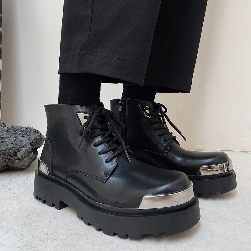 British Style Black High Top Boots Men Fashion Chunky Platform Boots Women Men Luxury Leather Shoes Punk Motorcycle Tooling Boot