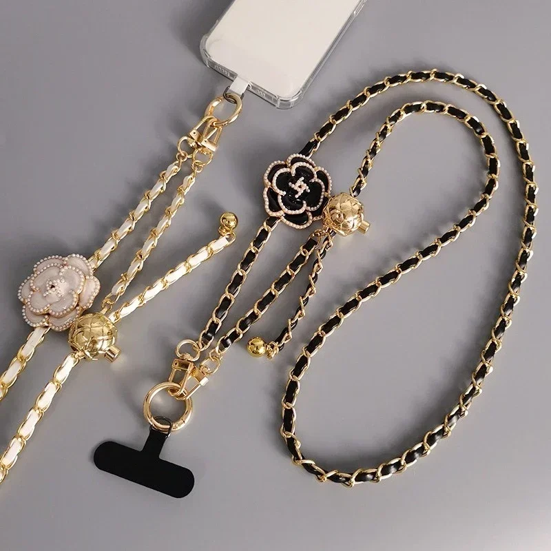 Phone Lanyard Mobile Phone Lanyard Crossbody Round Ball Telescopic Buckle Camellia Pickup Chain Neck Bag Metal Chain Mobile