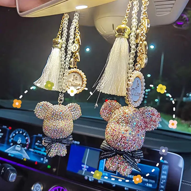 Cute Diamond-encrusted Big Head Bear LOVE Big Letter Hanging Ornament Rearview Mirror Pendant Upscale Tassel Interior Decoration