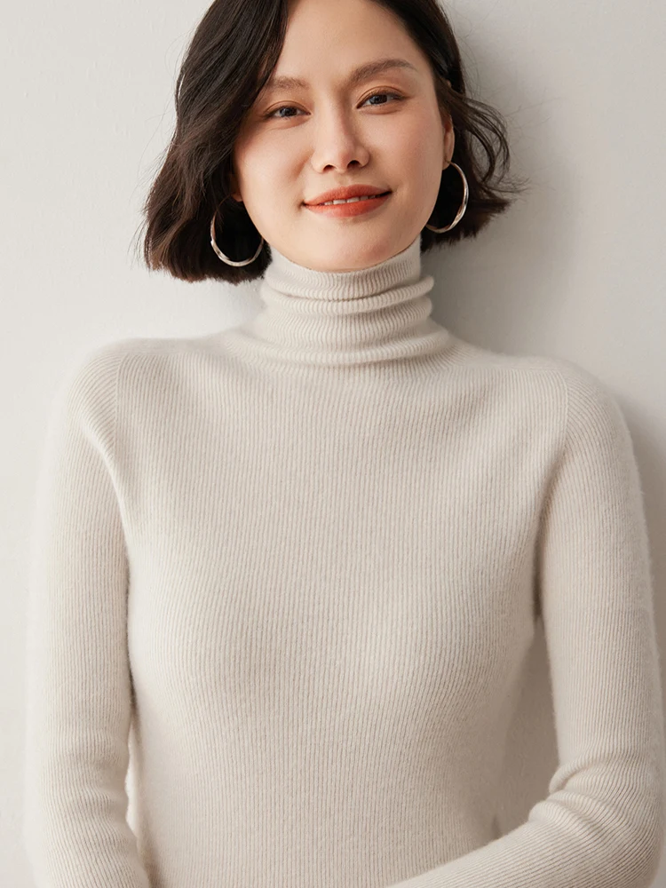 New Chic Autumn Winter Pullover Turtleneck Sweater Women's 100% Cashmere Knitwear Female Grace Slim fit Basic Long Sleeve Tops