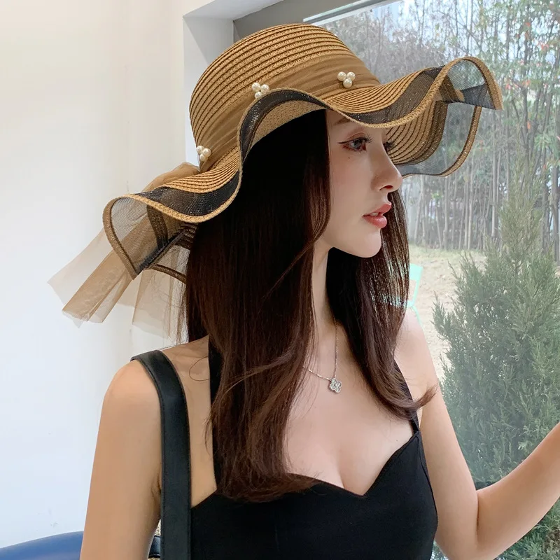 Hat Female Summer Big Brim Pearl Mesh Hat Travel Beach by the Sea Straw Hat Princess Hat