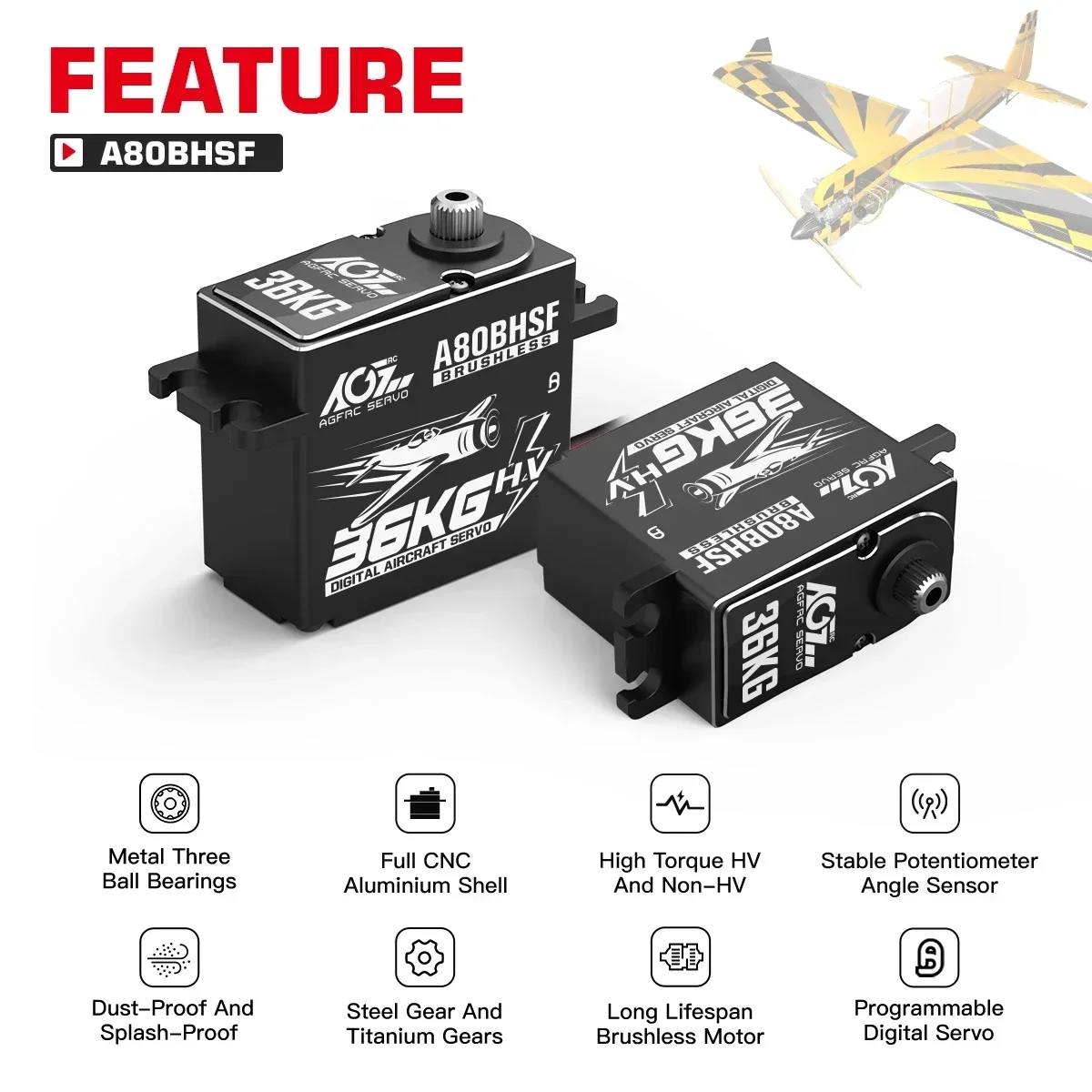 AGFRC A80BHSF HV 36KG High Toruqe High Torque Digital Brushless Standard Programmable Aircraft RC Servo for 30-200CC RC Airplane