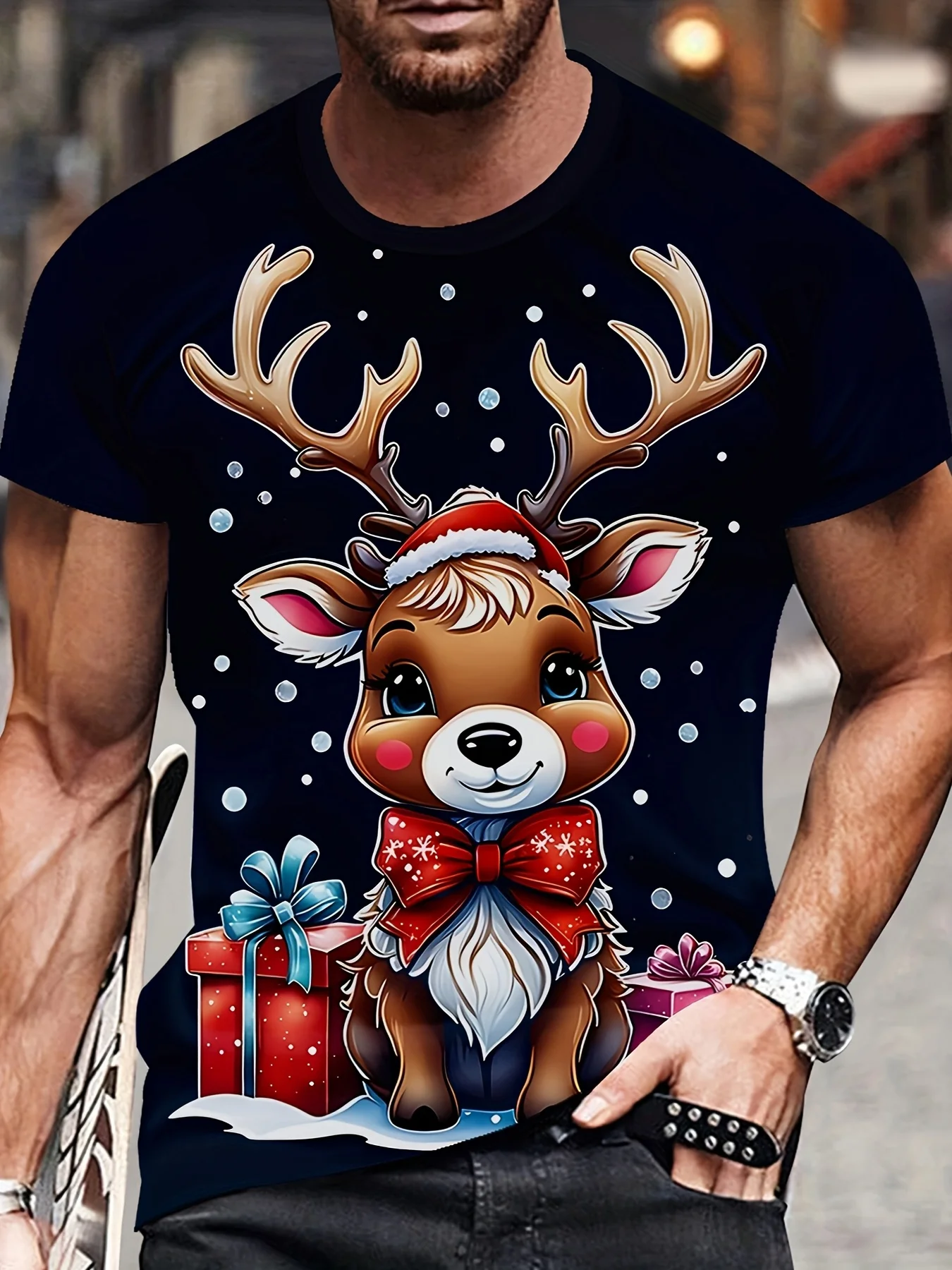

Мужская футболка с 3D принтом рождественского оленя, шляпой Санта-Клауса и дизайном снежинки, мужская одежда, праздничный наряд для праздничной вечеринки, футболки
