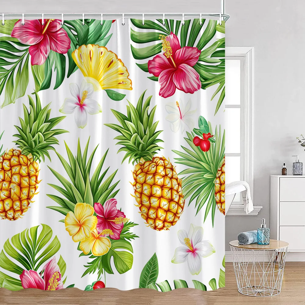 Tropical Fruit Shower Curtains Yellow Lemon Blue Watercolour Leaves Bath Curtain Set Polyester Fabric Bathroom Decor with Hooks