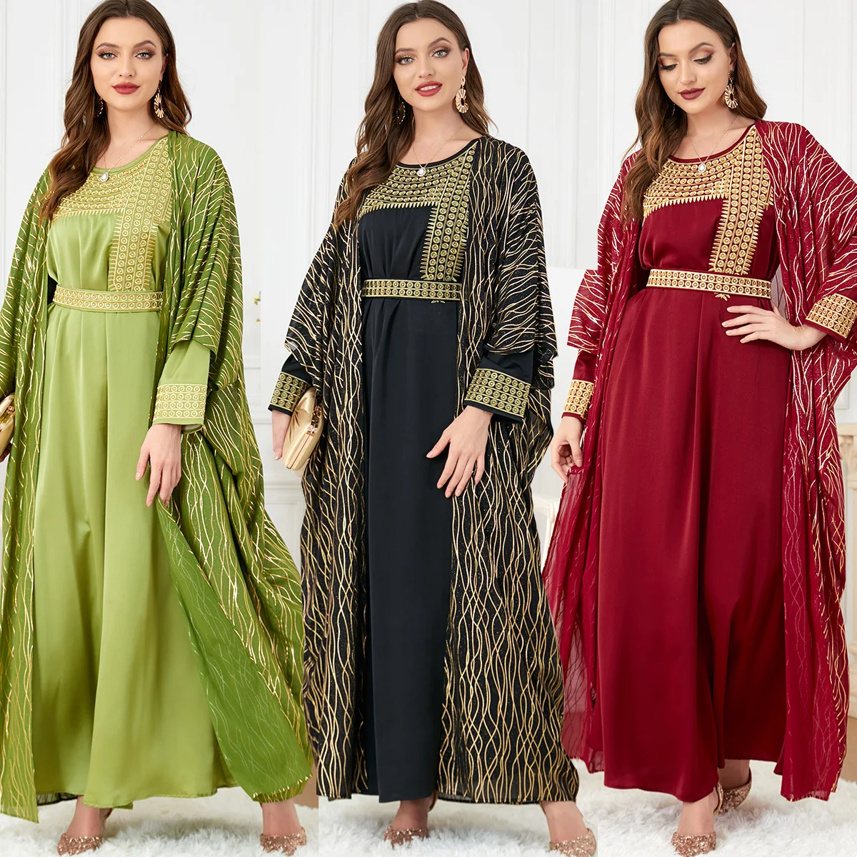 

Middle East Muslim Abaya Women Clothes Round Neck Embroidery Long Sleeves Cardigan and Dress Elegant Evening Dresses Robe