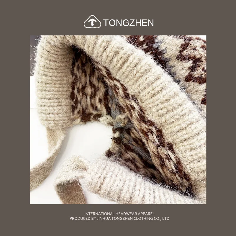 women Ethnic style striped spliced knitted woolen hat for autumn and winter thickened warm and cold resistant ear protection