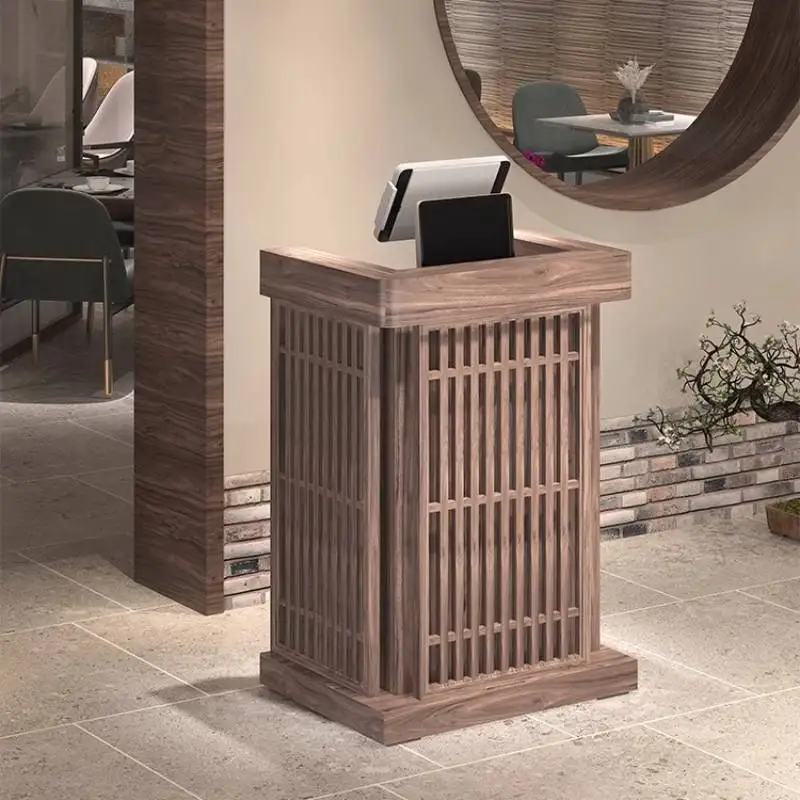 

Storage Brown Small Reception Desks Barber Design Solid Wood Classic Reception Desk Clinic U Shape Mostrador De Tienda Furniture