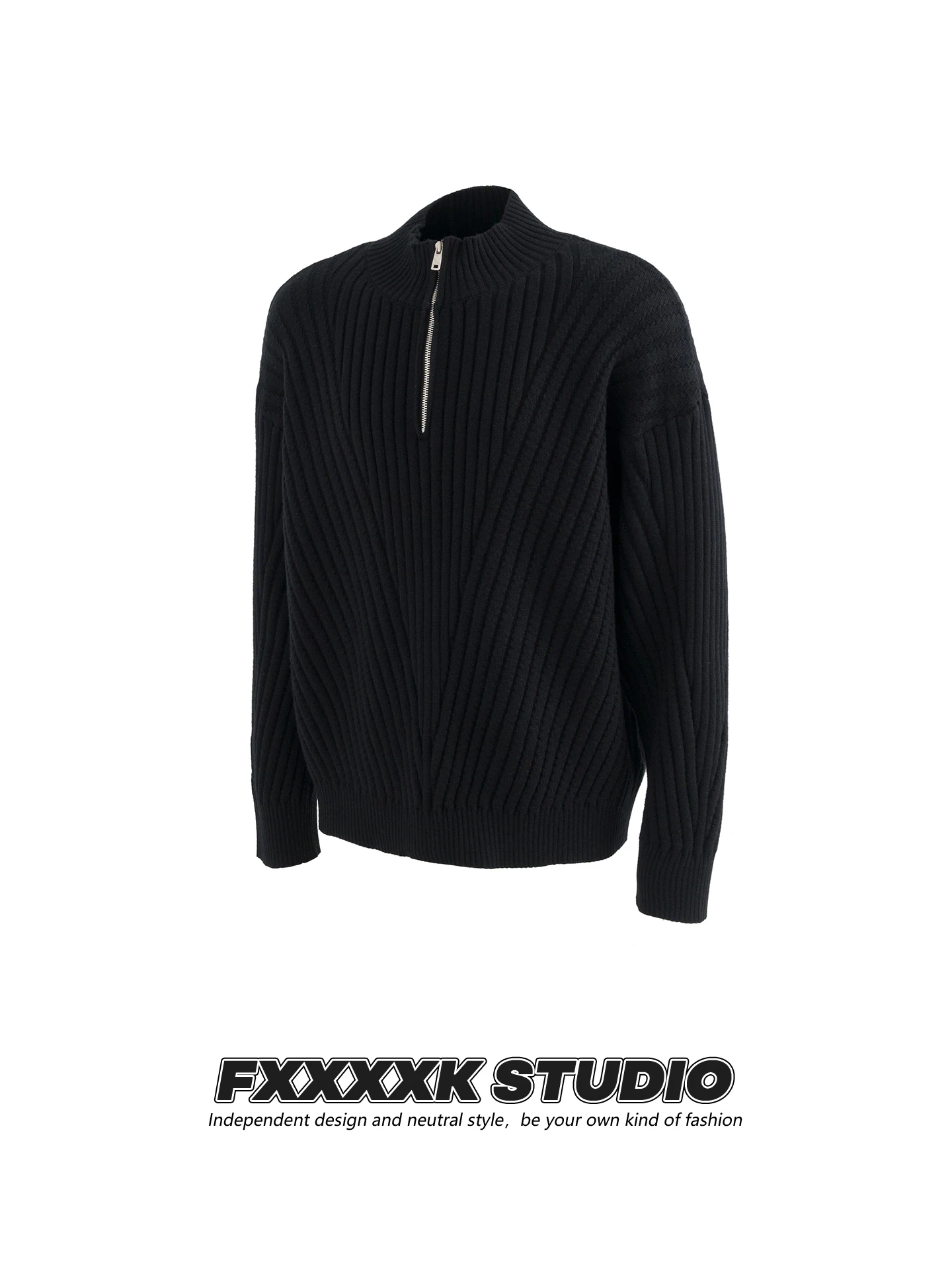 

Мужской теплый вязаный свитер FXK в американском ретро-стиле с воротником-стойкой на молнии, повседневный, стандартный крой, с длинными рукавами, зимний топ