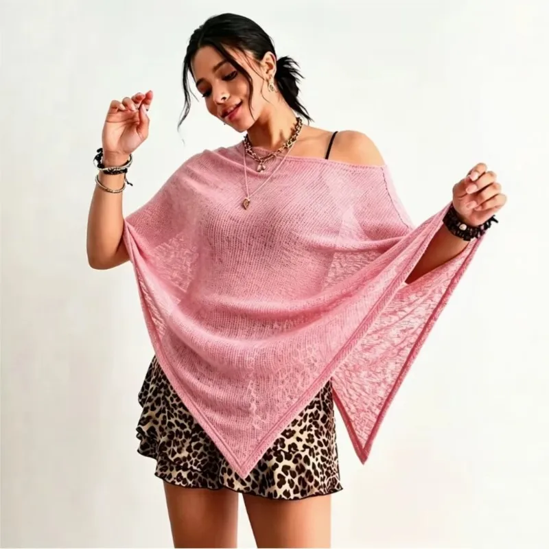Y2k Fashion Knitted Beach Hoodie Women's Casual Simple Style Solid Loose Splicing Tops Ladies Summer Chic Thin Versatile Blouses