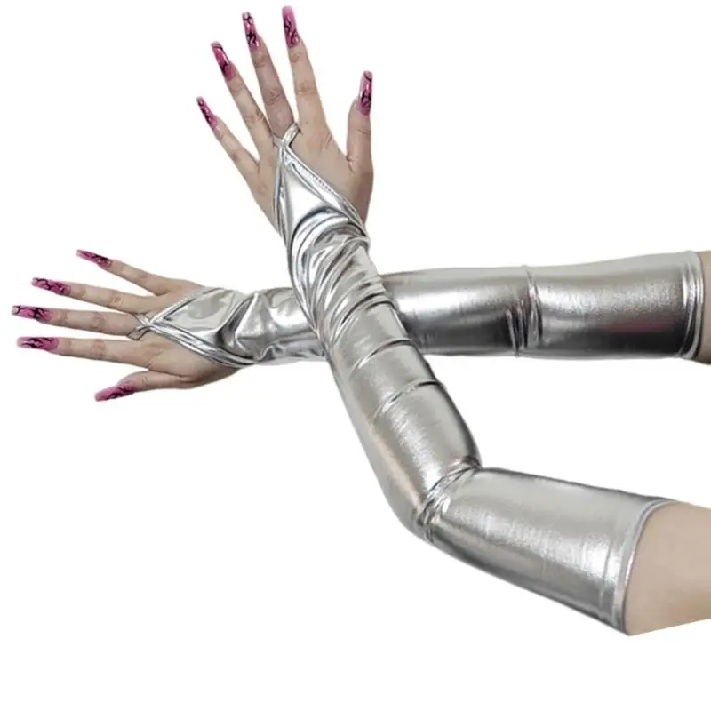 39BD Dehnbare, glänzende Handschuhe mit weichem Futter, 48 Länge für Tanzaufführungen und klassische Mode – Detail 3