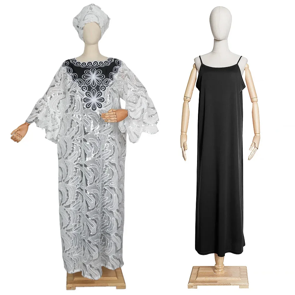 فساتين أفريقية أنيقة من الدانتيل الأبيض للنساء مع فستان داخلي سهل الارتداء Dashiki أنقرة ملابس أفريقيا قفطان المغرب قفطان رداء #2