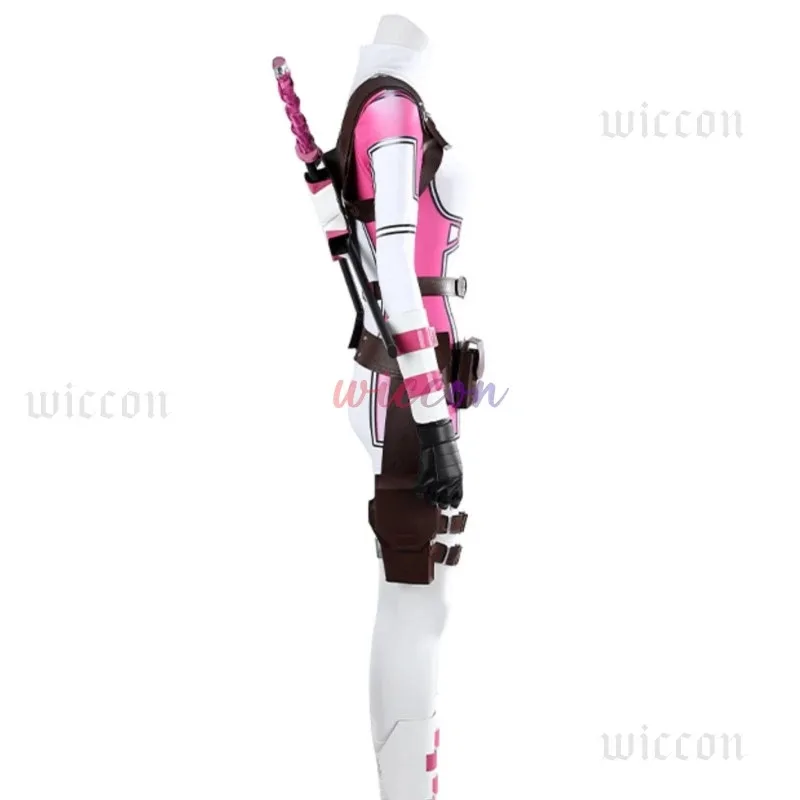 

asdh8@Gwen pool Cosplay Costume Gwenpool Pink White Bodysuit with Belt Set Lady Dead3pool Spandex Suit for Halloween PartyC