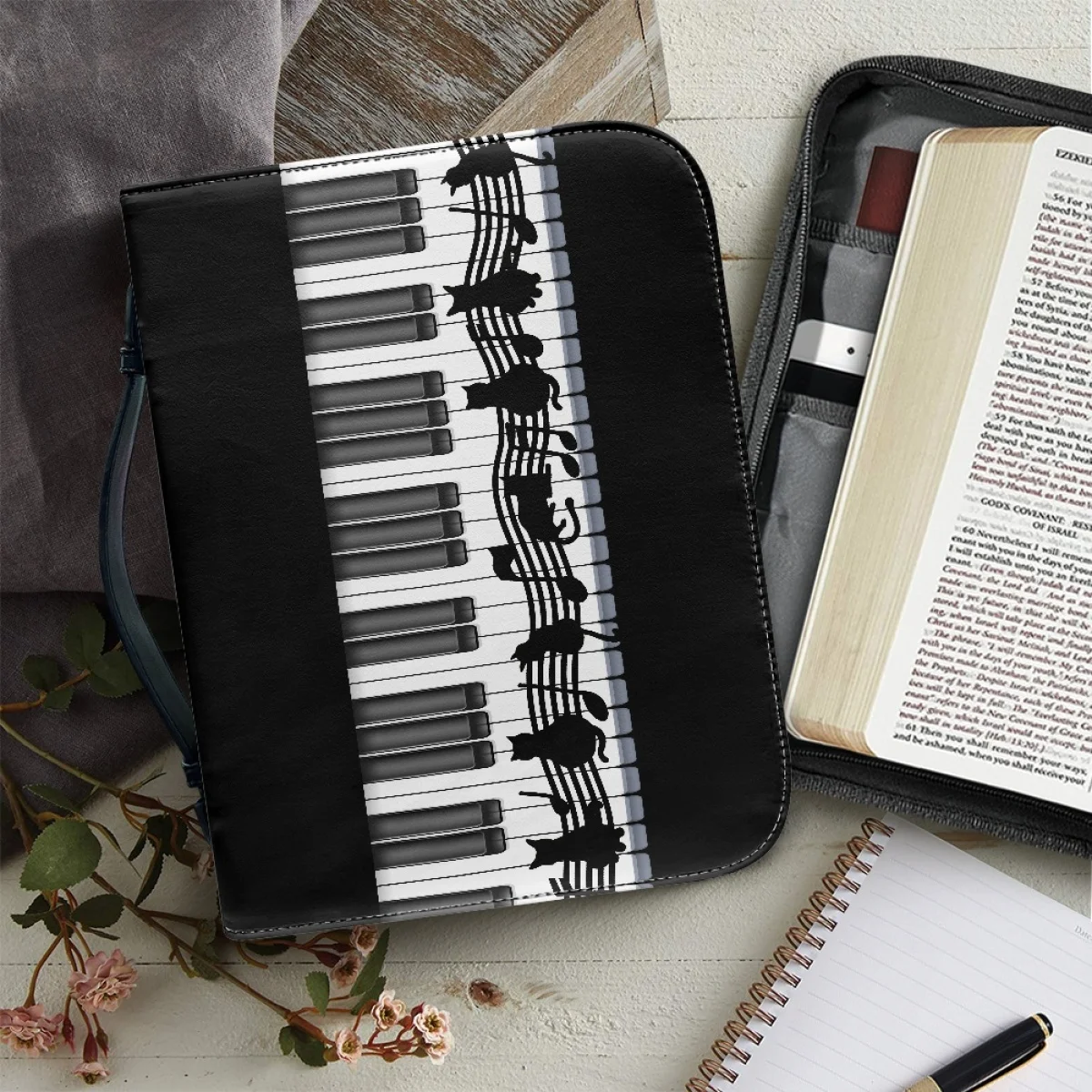 

FORUDESIGNS Piano Music Cat Design Leather Handbags Women Zippered Handle Bible Bag Practical Study Book Holy Storage Boxes