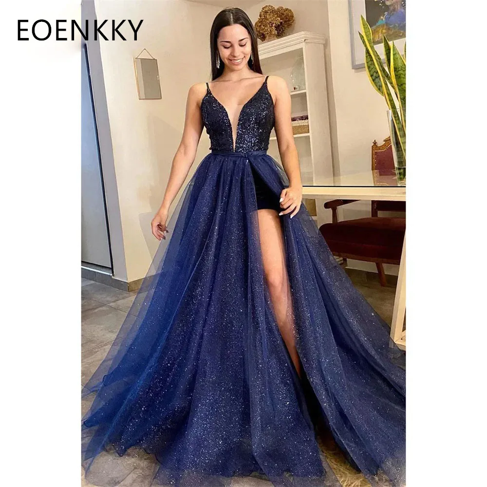 

EOENKKY Sparkling Blue Prom Dresses For Women Italian Noodle Strap Detachable Train A Line Party Dress Vestidos De Noche 2024