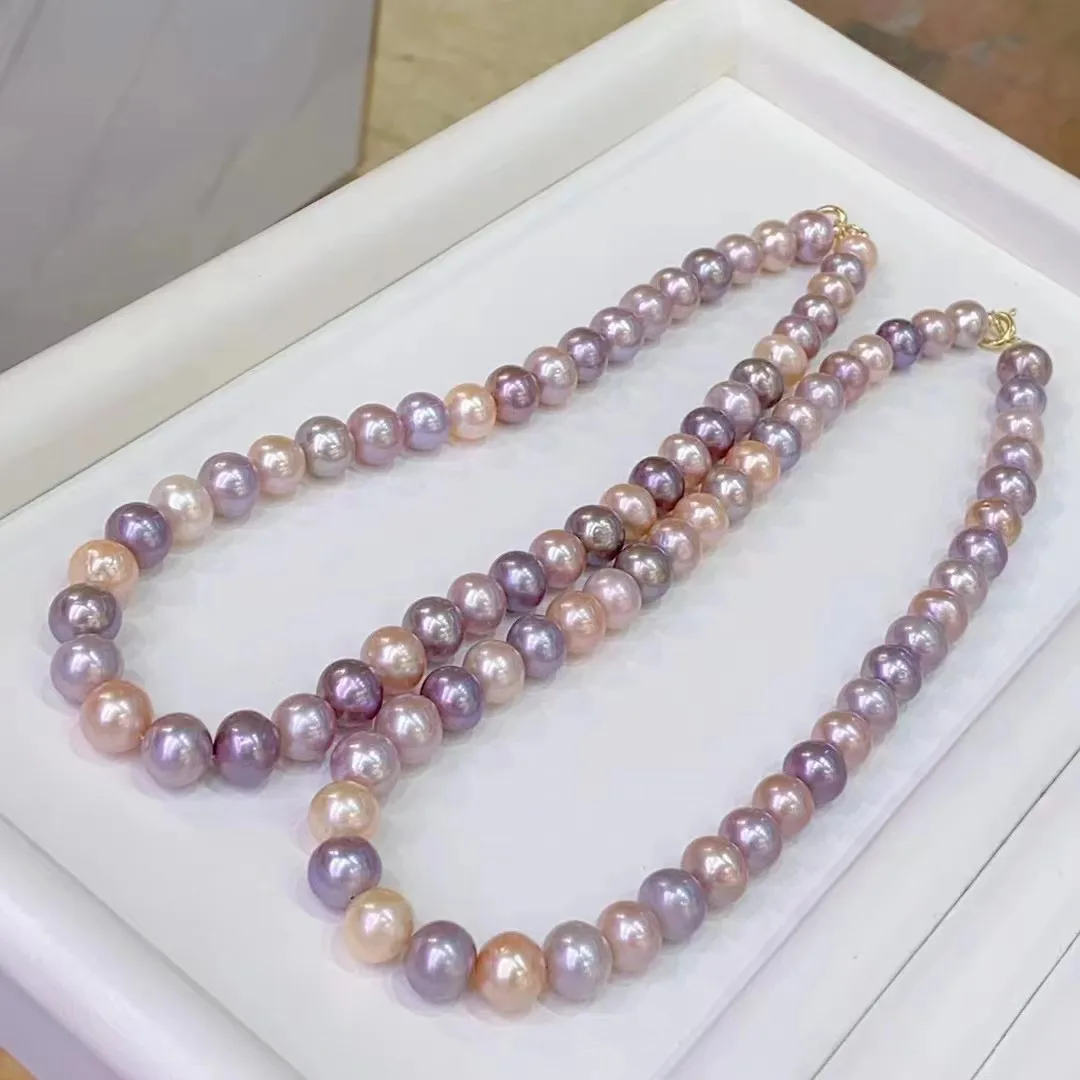 High Chic AAAA+ Fresh Water 10-11mm Round Light Purple Champagne White Genuine Pearls necklaces for Women Holidays Presents