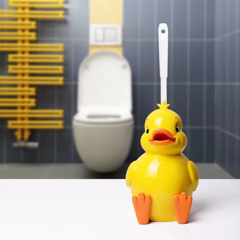 Creative Cute Yellow Duck Toilet Brush Holder Set Resin Base Home Hotel Bathroom Cleaning Tool Decoration Ornament