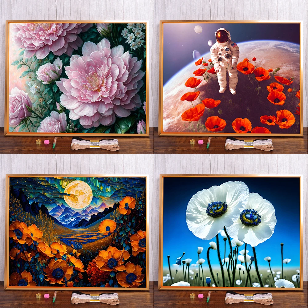 

Flowers Poppy Tuilp Printed Canvas Cross Stitch DIY Embroidery Set DMC Threads Hobby Craft Knitting Handmade Design Magic Floss