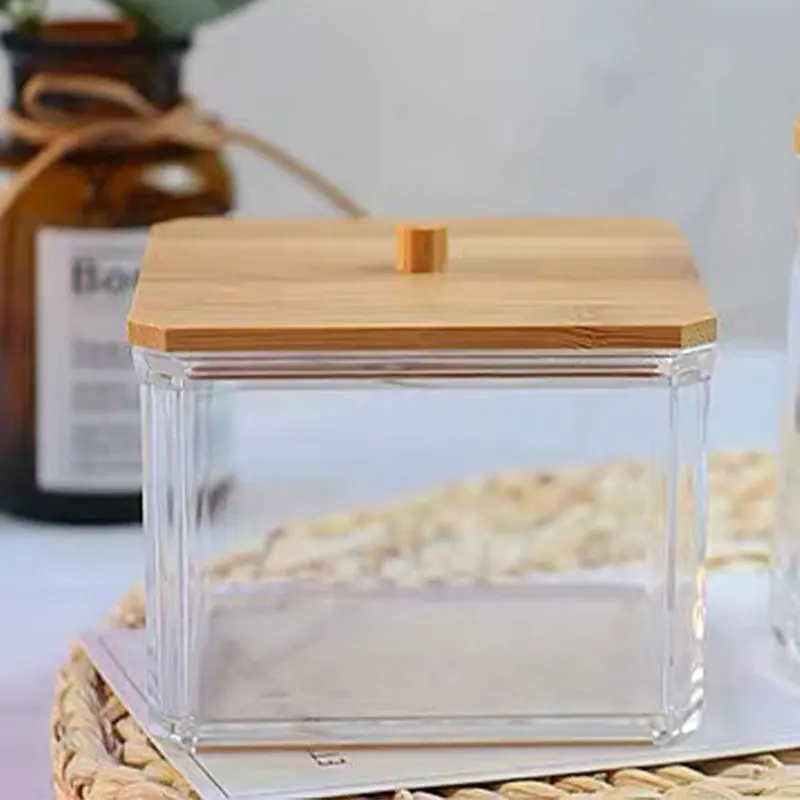 【Hot sales】Square cotton swab box Plastic bamboo cover cotton swab simple makeup remover cotton storage box