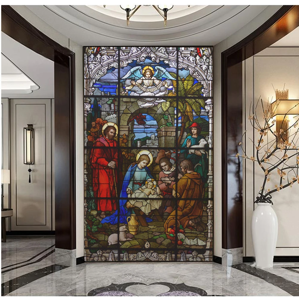 Window Privacy Film UV Blocking Heat Control Glass Static Cling Cathedral Painting Decorative Semitransparent Glass Sticker