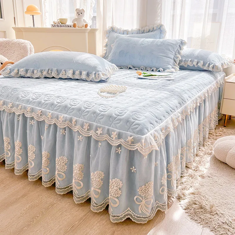 AI WINSURE-Modern Milk Velvet Lace Bedspread, Quilted Bed Cover Protector, with Ruffle Bed Skirt, Queen, King Size, for Women