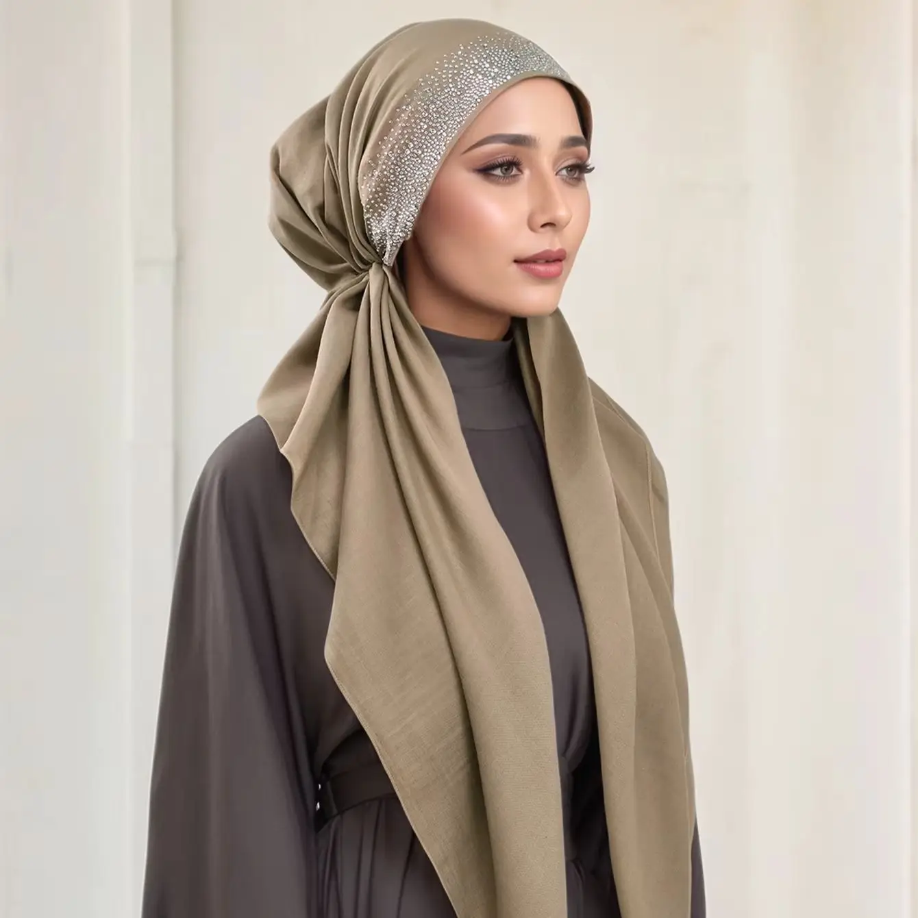 

Women Plain Cotton Inner Hijab Headscarf Ramadan Hat Two Tails Muslim Rhinestone Instant Hijab Soft Cotton Solid Color Turban