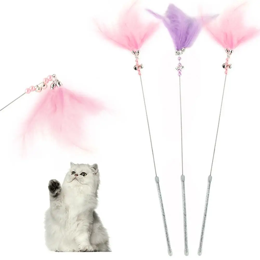 Funny Toy Interactive New Fairy Pet Cat Kitten Feather Bell Beads Teaser Playing Stick Wand Bite-resistant Pink Purple