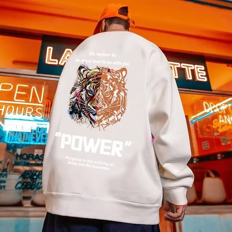 M-8XL Men Oversized Sweatshirts Fashion Loose American Retro Tiger Print Sweatshirts Long Sleeve Plus Velvet Couple Clothes